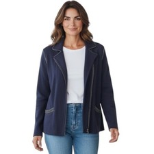 NWT Chico's Navy Blue Blazer Size XL Chico s 3 Zip Front 100 Cotton Jacket