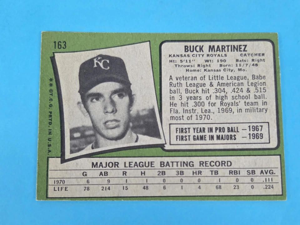1971 Topps #163 Buck Martinez Kansas City Royals BASEBALL Card 6D - Image 2 of 2