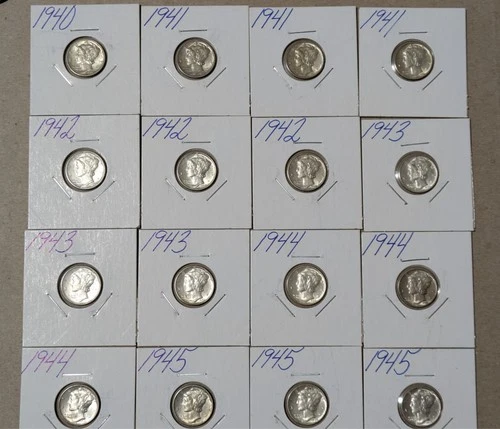 Lot of 16 1941 1942 1943 1944 1945 Mercury Dimes AU UNC 90% Silver Bullion