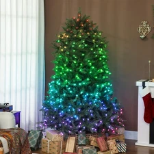 HOMCOM 6ft Christmas Tree with RGB LEDs, App Control, Hinged Xmas Tree