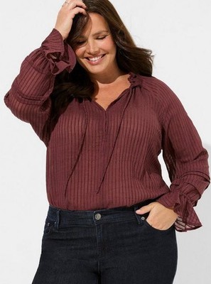 Torrid Burgundy Stripe Gauze Front Tie Lace-Up Peasant Blouse 00 Medium
