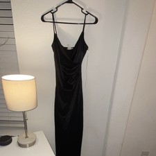 Black Satin Long Maxi Dress Cowl Neck Strappy Sleeves Party Formal Size