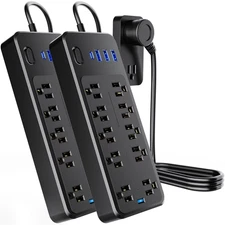10 Outlets Power Strip 4Ft Cord,Surge Protector,With 4 USB Ports,Black 2 Pack