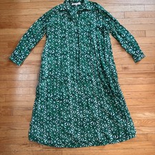 Ros Garden Green White Geometric Cotton Maxi Dress Long Sleeve Button Front M