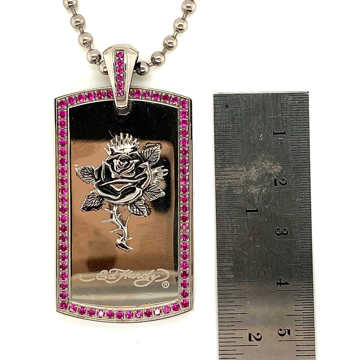 Ed Hardy Rose Dog Tag Necklace Pink Crystal Border 24” Chain