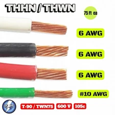 75' EA THHN THWN 6 AWG GAUGE BLACK WHITE RED COPPER WIRE + 75' 10 AWG GREEN