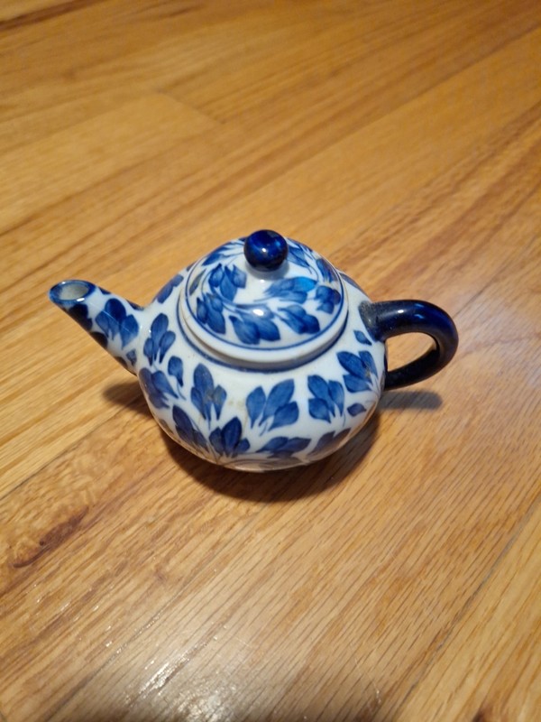 Andrea by Sadek Miniature Teapot Porcelain White with Blue Leaf  Design