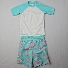 Tommy Bahama Kids Boys Size 4T Aqua Blue Flamingos 2 pc Swim Set Trunks  Shirt
