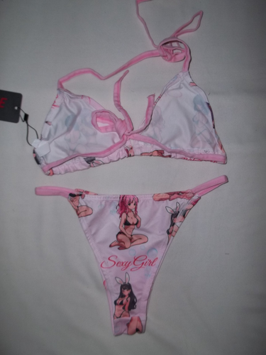 Romwe retro anime sexy girl print string tie bralette & cheeky panties S pink - Picture 2 of 2