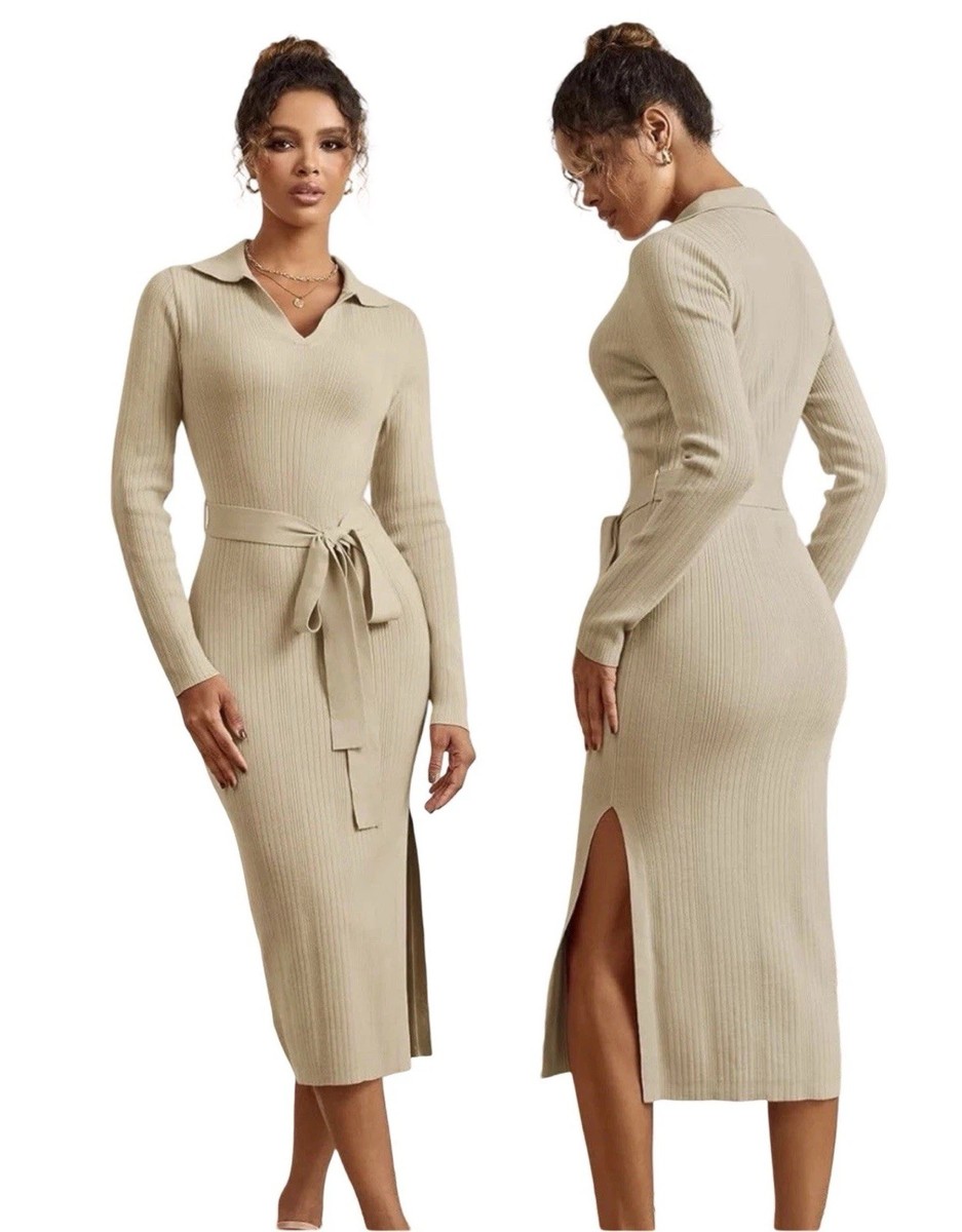 MEROKEETY Women's Apricot V-Neck Knit Midi Ribbed Sweater Dress ~ Sz Medium  NWT