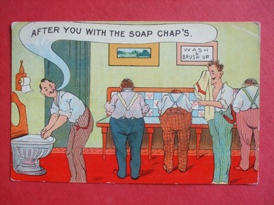 Alter Comic MÄNNER TEILEN SICH DAS BAD WASCHEN IN WC NACH DIR MIT SEIFE CHAPS Humor