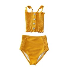Girls Rad Swim High Waisted Smocked Swimsuit Mustard Yellow Size 8