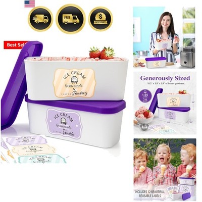 Set of 2 Reusable Ice Cream Tub Containers 1.6 Quart Ea. - Perfect for Homema...