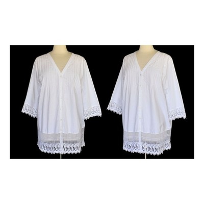 Vintage Y2K Ulla Popken Blouse, White Cotton with Lace Pintuck Tunic Top, L,  XL