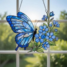 Personalized Blue Butterfly Memorial Suncatcher, Custom Forget-Me-Not Gift Decor