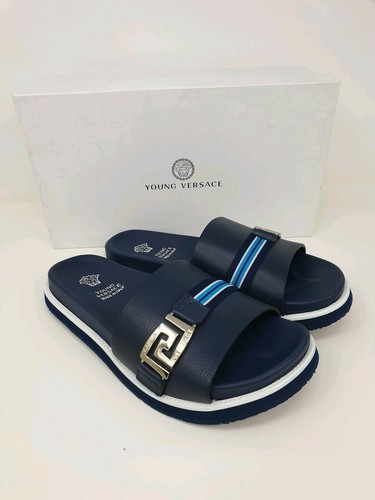 YOUNG VERSACE Leather Slides Sandals with Greca Trim - Navy - UK 4/EU 37 - Picture 2 of 11