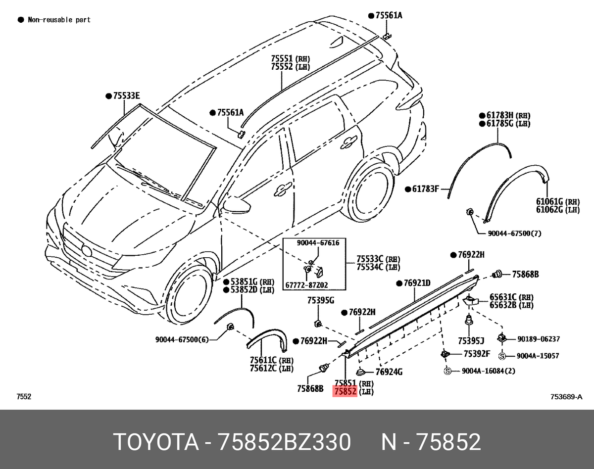 Genuine OE moulding, rocker panel, left, 75852BZ330 for TOYOTA