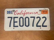 2013 California License Plate # 7EOO722