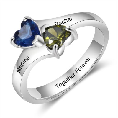 Personalized Mother's Ring 2 Birthstones 2 Names True Hearts 925 Sterling Silver