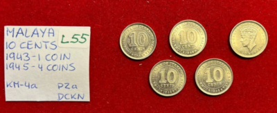 L56 Malaya; 5 Coins from Mint Bag - Silver 10 Cents 1943 (1