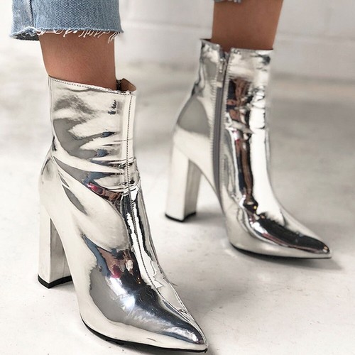Matiko Metallic Silver Pointed Toe Block Heel Booties 7.5 - Picture 12 of 14