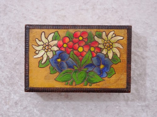Antikes Holz Kästchen Alpenblumen Vintage Handmade Spindelmühle Riesengebirge - Picture 2 of 7