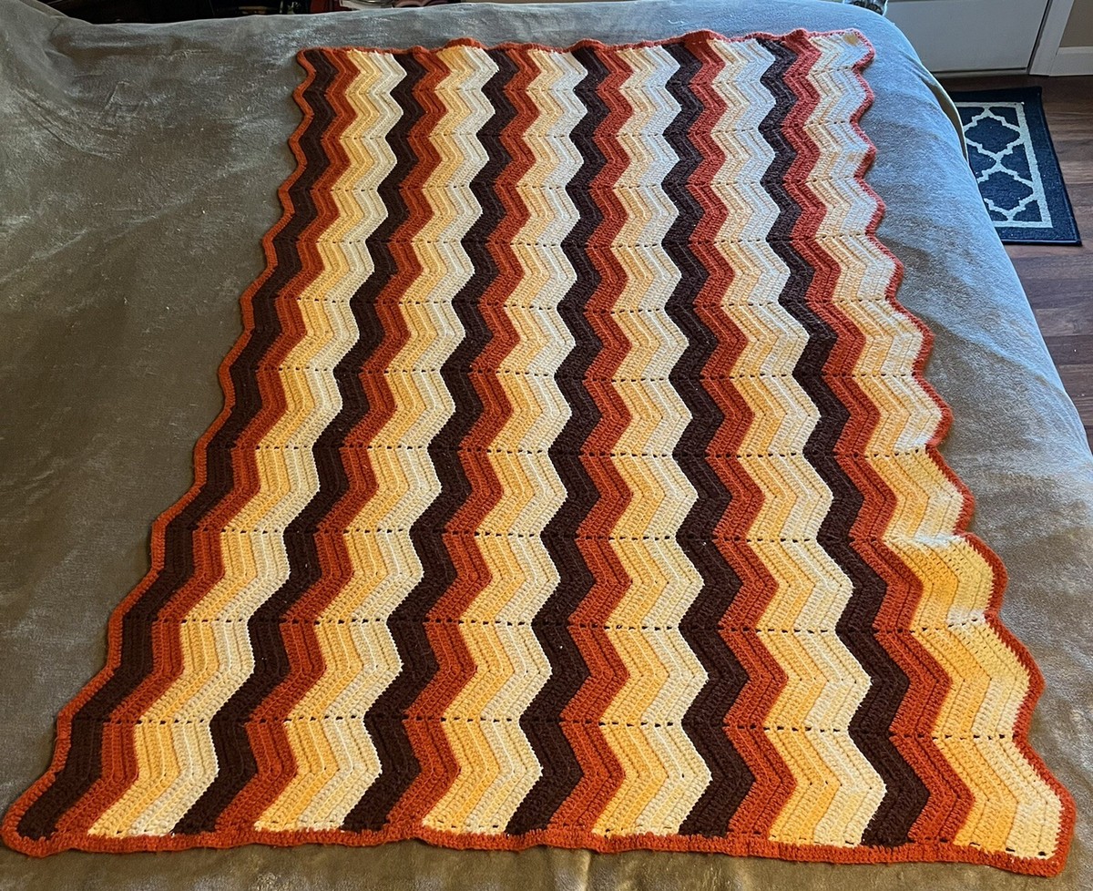 Vintage Handmade Crocheted Ripple Chevron Afghan Throw Blanket