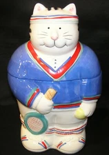 COCO DOWLEY CAT KITTY COOKIE JAR CANISTER TENNIS BLUE WHITE LIMITED EDITION