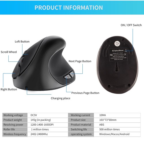 Ergonomic Wireless Vertical Mouse Rechargeable 2.4G with USB Receiver - Picture 6 of 9