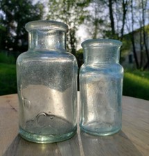 Antique Bixby Bottles Hand Blown Aqua Blue & Green Shoe Polish Ink Jars Embossed