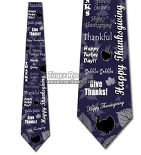 Happy Thanksgiving Turkey Leaves Collage- Navy Blue - Mens Tie New