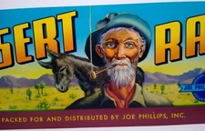 Desert Rat Crate Label Donkey Horse Cactus Cowboy Corn Cob Pipe 1950s Vintage 