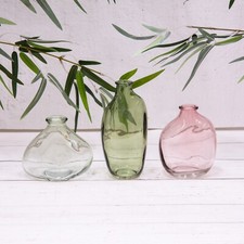 3 x Green & Pink Vases Glass Abstract Display Bud Vase Small Flower Bottle Set