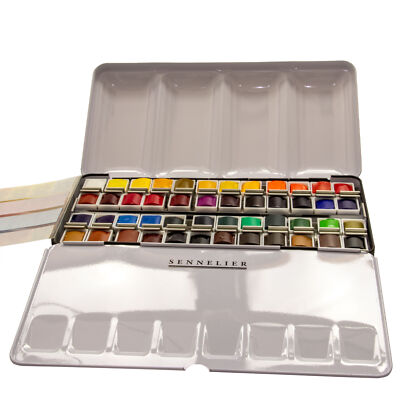 Sennelier Aquarellfarbe Set mit 48 halben Näpfchen N131607. 00 Metallkasten