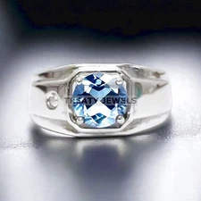 Aquamarine Round Cut Gemstone With 925 Sterling Silver Ring For Men's #222