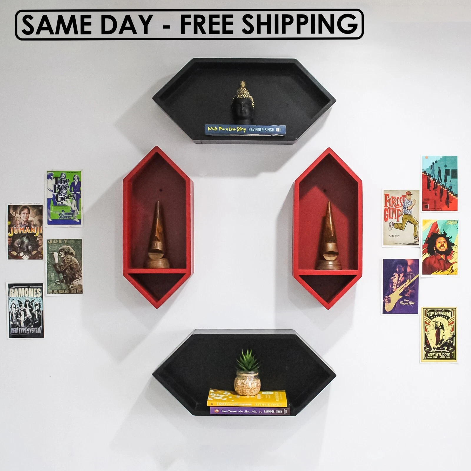 "Modern Wooden Wall Shelves - Stylish Floating Hexagon & Diamond Design -