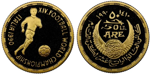 EGYPT , GOLD 50 POUNDS 14TH WORLD FOOTBALL 1990 - NGC PF 69 UC TOP POP , RARE14