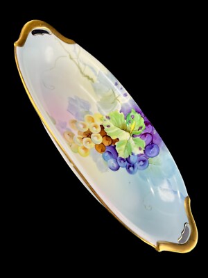 Antique Nippon Hand Painted Celery Dish Grape Motif Gold Gilt Handles Oblong
