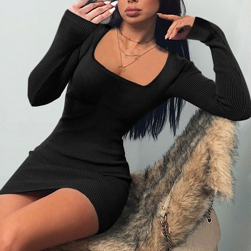 Sexy figurbetontes Stretch-Minikleid mit eckigem Ausschnitt schlicht Langarm für Damen - Bild 9 von 18
