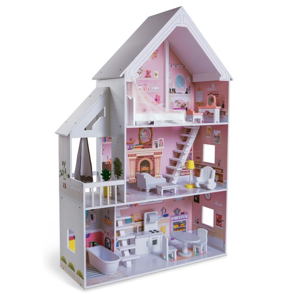 Puppenhaus Cinderella Rosa/Weiß Holz 3 Bespielbare Etagen Puppenvilla Mit MöBel-image