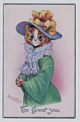 Louis Wain Signed Cat Christmas Greeting Card Anthropomorphic Edwardian Dressed