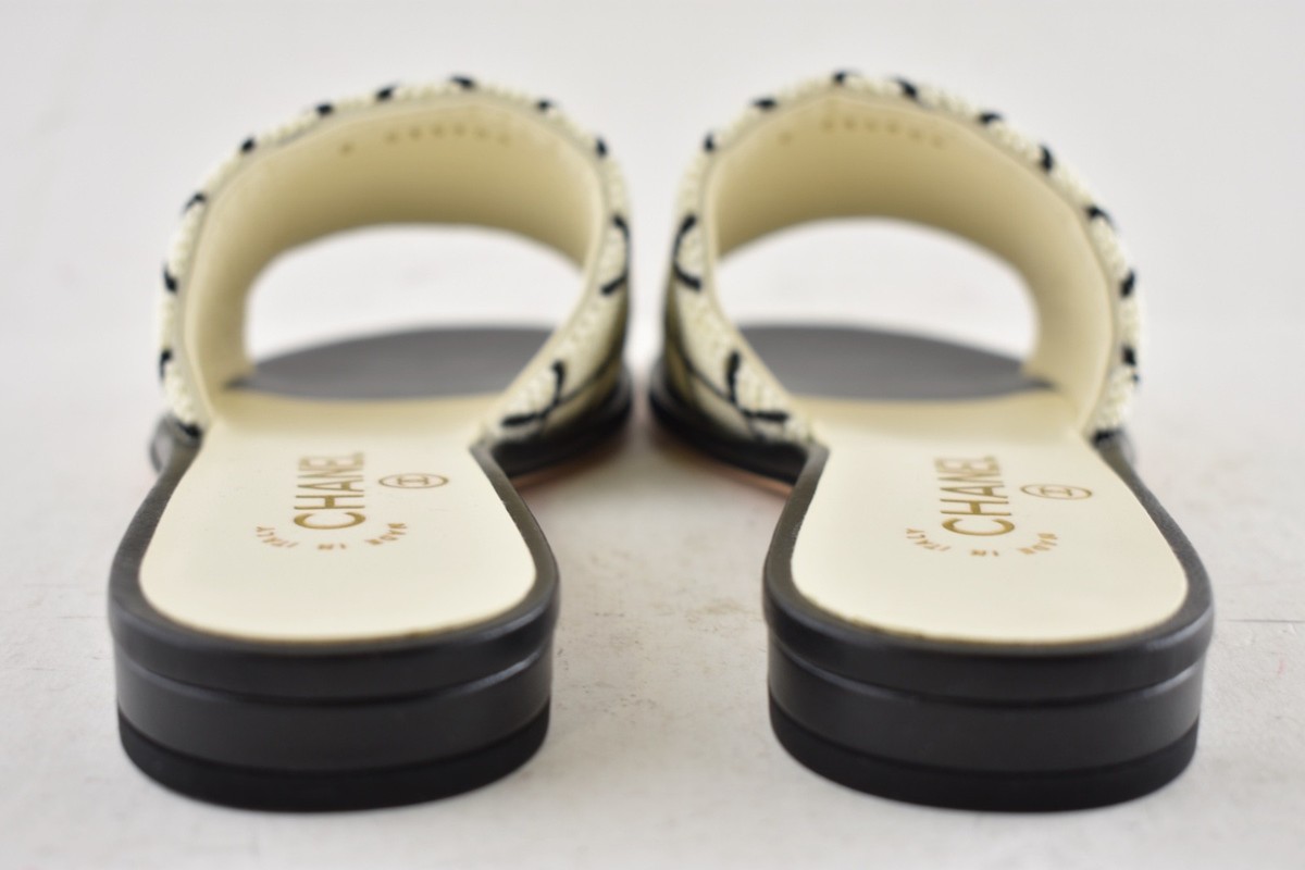Chanel 20P Black White Pearl Embroidery CC Logo Slide Slip Sandal