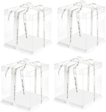 Clear Cake Box,4 Pcs Transparent Cake Box with Ribbon for Pastries10" X 10" X 9"