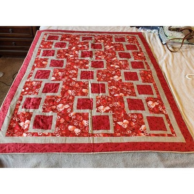 Handmade Strawberry Floral Quilted Throw Blanket Red & Tan lap quilt