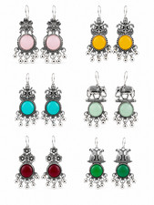 6 Indian Oxidized Silver Jhumka Earrings Set Traditional Boho Pearl Drop Jewelry