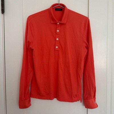 Thom Sweeney Cotton Long-Sleeve Polo Shirt - Coral Orange Red - S