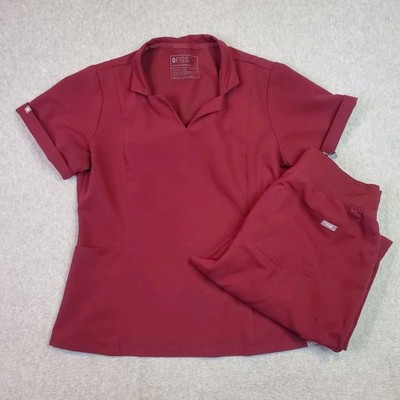 FIGS Scrub Set Womens Large HW Zamora Jogger Pants Inala Collared Top Burgundy