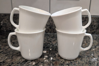 VTG Classic Corning USA White Coffee Mugs Tea Cups D Handle Set of Four (4)