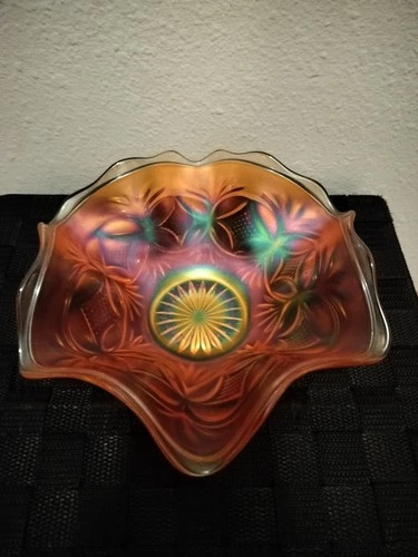 Vintage Carnival Glass Ruffled Bowl Iridescent Orange Starburst Dish
