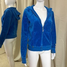 Juicy Couture Blue Velour Hoodie Rhinestone J Zipper Pull Y2K Womens L